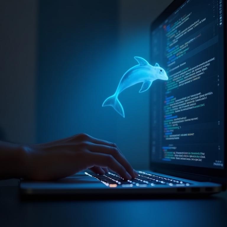 Компьютер экранындағы теңіз әлемі тақырыбындағы веб-сайттың кодын жазған адам